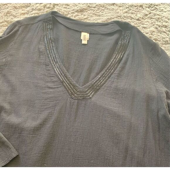 BADGLEY MISCHKA BLACK BEADED V NECK COTTON TUNIC SHIRT TOP BLOUSE vintage - Picture 3 of 8
